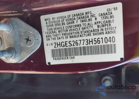 2003 Honda Civic Ex из США, поврежденный, VIN 2HGES26773H561040